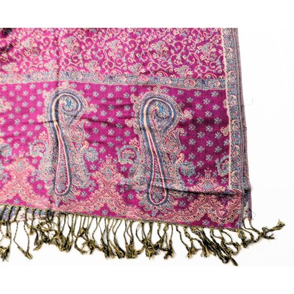 Vintage Paisley Scarf Wrap Shawl 71" X 28" Purple Gold 3" Fringe Boho Chic - Picture 5 of 9